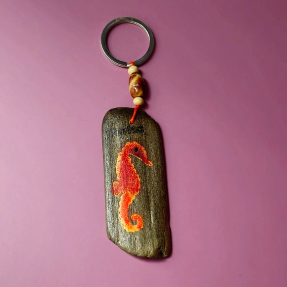 Palm Beach Wooden Seahorse Keychain with Orange Design Handcrafted - Picture 1 of 16